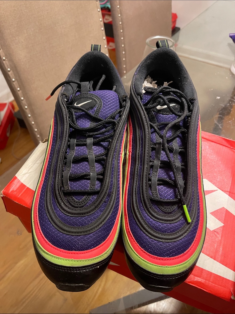 Men Kids Purple Sneakers with Red and Neon Green Accents
